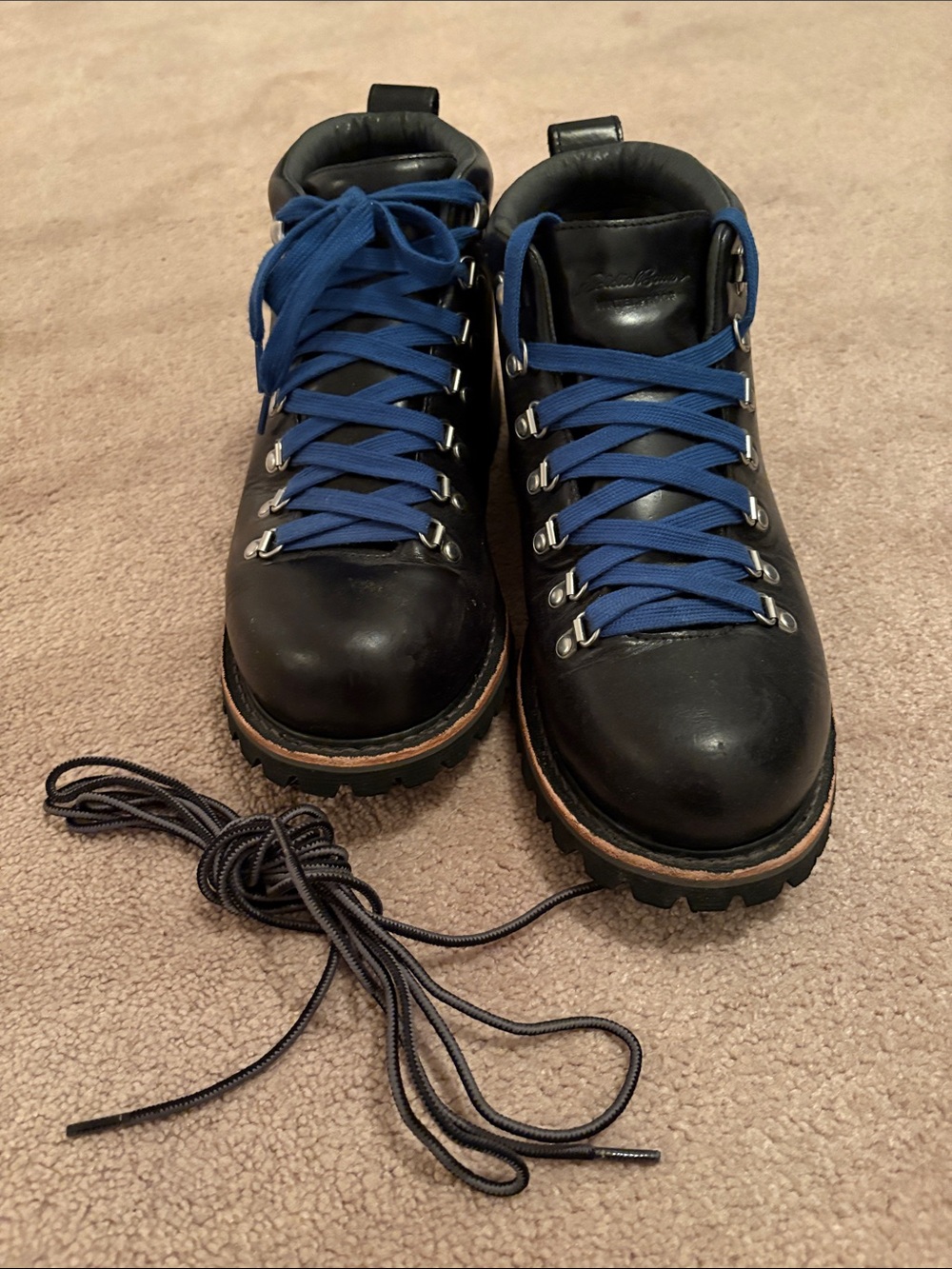 Eddie Bauer K-6 Black Leather Hiking Boots with Blue Laces